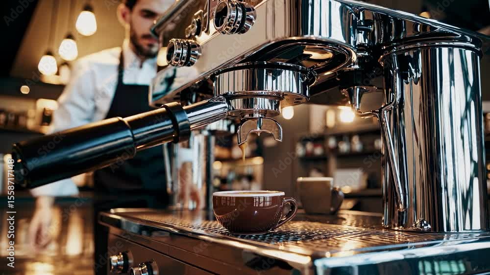 Espresso machine briskly pours coffee into classic cup in cafe emphasizing craftsmanship ritual flavor aroma morning tradition identity caffeine pleasure lifestyle