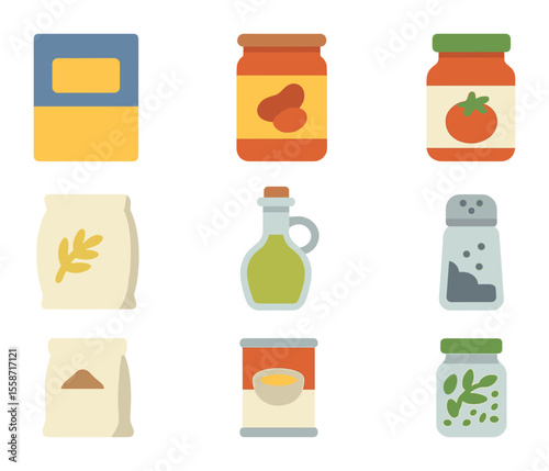 Pantry Essentials Icons. Flat icon set of pantry staples for fast meals: pasta box, canned beans, tomato sauce