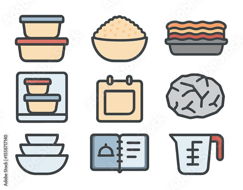 Make-Ahead Meals Icons. Flat icon set of make-ahead meals: storage containers, cooked quinoa, layered lasagna,