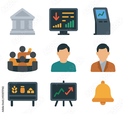 Commodity Exchange Icons. Flat icon set of commodity exchanges: exchange building, ticker screen, electronic