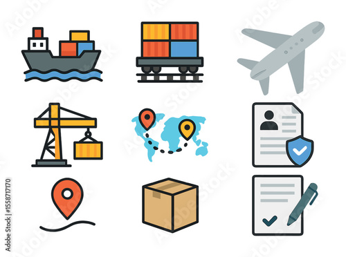 Global Logistics Icons. Flat icon set of global commodity logistics: cargo ship, railway freight, air freight,