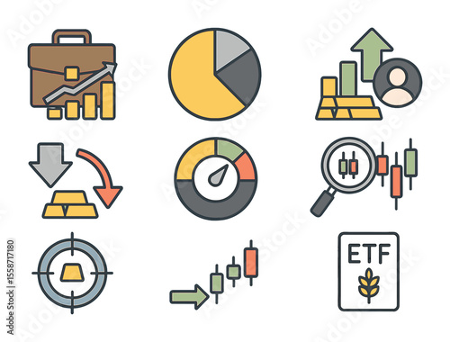 Commodity Investment Icons. Flat icon set of investment strategies in commodities: portfolio chart,
