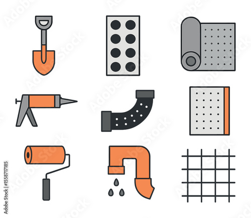 Exterior Waterproofing Icons. Flat icon set of exterior waterproofing solutions: trench shovel, drainage tile,