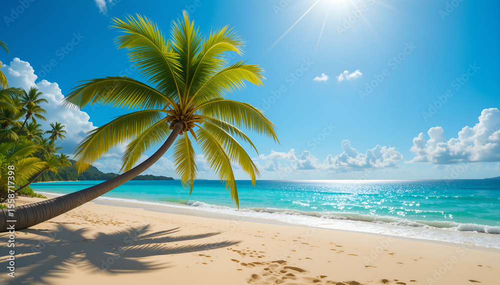 Fototapeta premium Tropical Beach with Palm Tree and Clear Blue Water – Sunny Summer Paradise