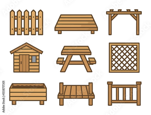 Wooden Structure Icons. Flat icon set of outdoor wooden structures: wooden fence, patio deck, pergola frame,