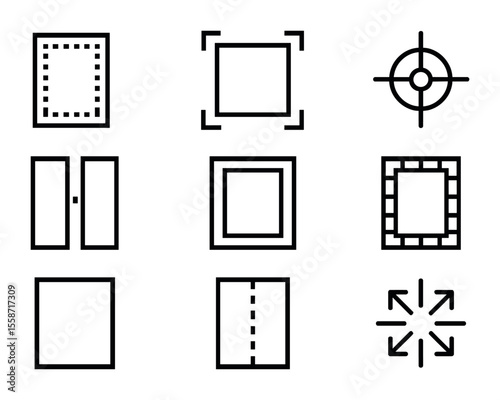 Design Guide Icons. Flat icon set of print margins and guides: bleed area, crop marks, registration marks,