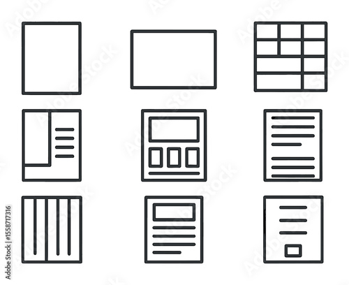 Layout Design Icons. Flat icon set of page layout types: portrait page, landscape page, grid layout,