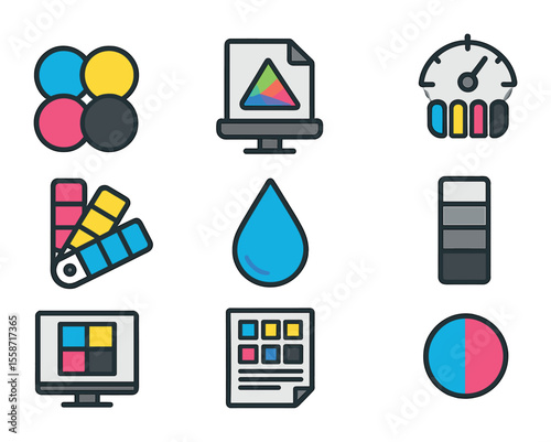 Color and Ink Icons. Flat icon set of color and ink management: CMYK palette, color profile, ink coverage
