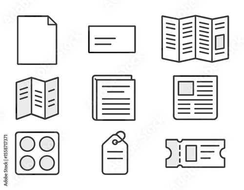 Printable Materials Icons. Flat icon set of printable materials: A4 sheet, business card, catalog page, folded
