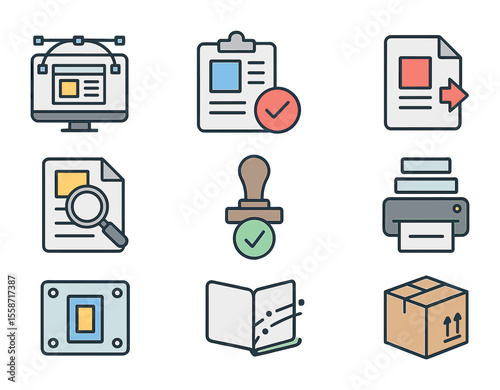 Print Workflow Icons. Flat icon set of print production workflow: layout design, preflight check, PDF export,