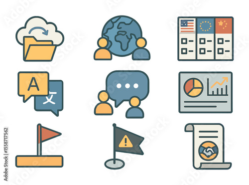 Global Collaboration Icons. Flat icon set of global project collaboration: shared cloud folder,