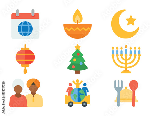Cultural Celebration Icon Set. Flat icon set of cultural celebration days: international calendar, Diwali lamp