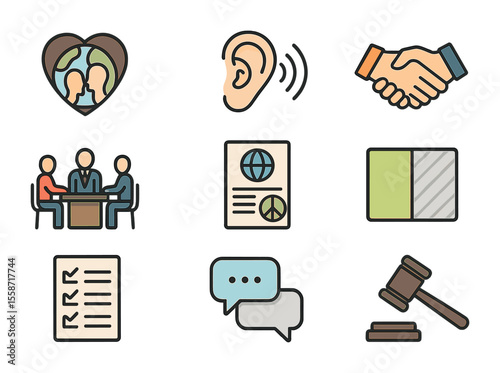 Global Conflict Resolution Icons. Flat icon set of global conflict resolution: cultural empathy symbol,