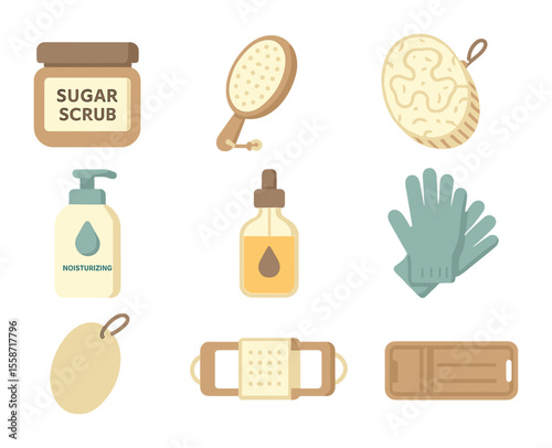 Home Body Care Icons. Flat icon set of home body care rituals: sugar scrub jar, dry brush, loofah sponge,