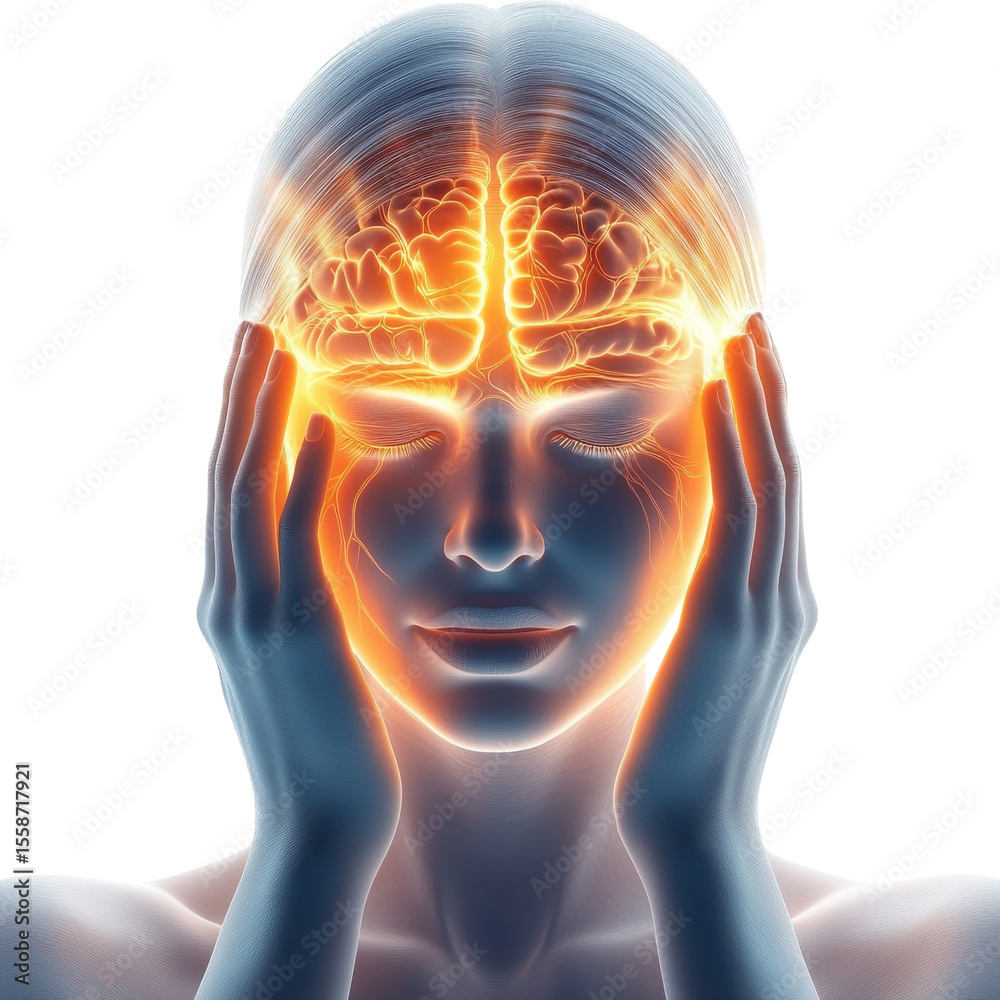 Obraz premium Glowing human brain and nervous system pain concept illustration isolated on Transparent Background