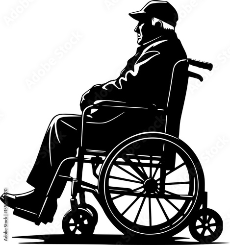 elderly man sitting in a wheelchair line art silhouette vector illustration
