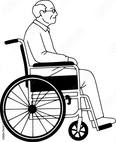 elderly man sitting in a wheelchair line art silhouette vector illustration
