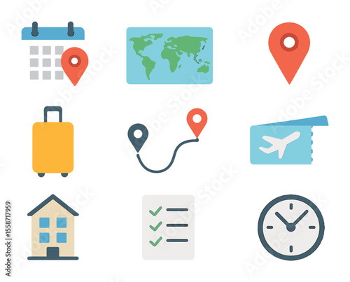 Travel Planning Icons. Flat icon set of making a travel itinerary: calendar with pin, world map, destination