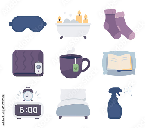 Evening Spa Icon Set. Flat icon set of evening spa wind-down: silk sleep mask, candlelit bath, cozy socks,