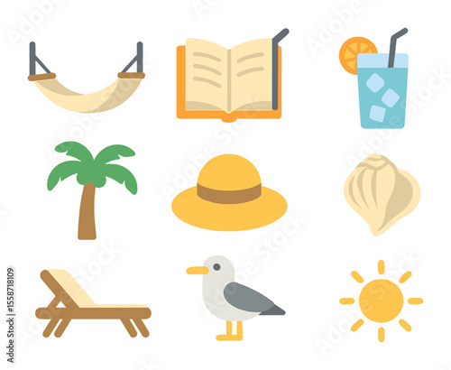 Relaxing Beach Icons. Flat icon set of relaxing beach moments: hammock, book, iced drink, palm tree, straw hat