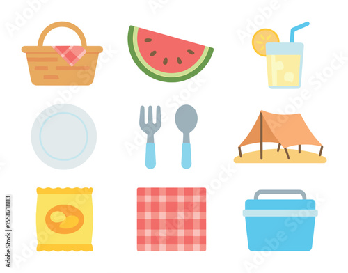 Beach Picnic Icons. Flat icon set of beach picnic setup: picnic basket, watermelon slice, lemonade glass,