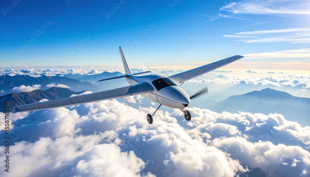 Obraz premium Scenic Flight Over Mountainous Landscape in Clear Blue Sky