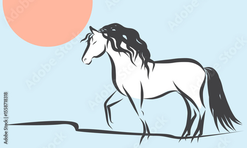 Line Wild Horse Portrait. Lunar New Year Calendar Mascot Animal Art. Horse Outline Ink Silhouette Sketch Drawn. Hand Crafted China Zodiac Sign Contour. Greeting Gift Card Decoration Design.