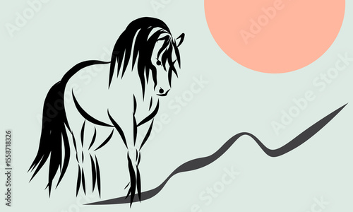 Line Wild Horse Portrait. Lunar New Year Calendar Mascot Animal Art. Horse Outline Ink Silhouette Sketch Drawn. Hand Crafted China Zodiac Sign Contour. Greeting Gift Card Decoration Design.