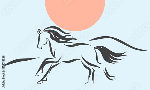 Line Wild Horse Portrait. Lunar New Year Calendar Mascot Animal Art. Horse Outline Ink Silhouette Sketch Drawn. Hand Crafted China Zodiac Sign Contour. Greeting Gift Card Decoration Design.