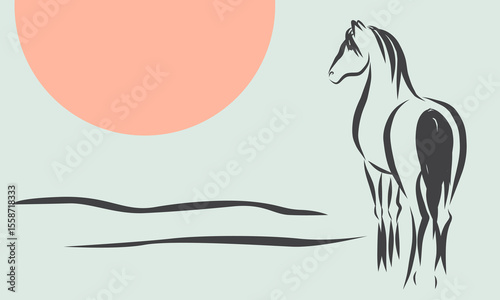 Line Wild Horse Portrait. Lunar New Year Calendar Mascot Animal Art. Horse Outline Ink Silhouette Sketch Drawn. Hand Crafted China Zodiac Sign Contour. Greeting Gift Card Decoration Design.
