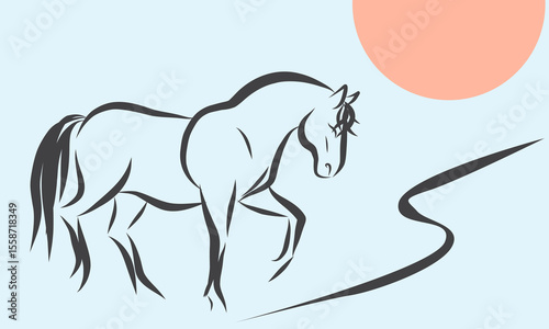 Line Wild Horse Portrait. Lunar New Year Calendar Mascot Animal Art. Horse Outline Ink Silhouette Sketch Drawn. Hand Crafted China Zodiac Sign Contour. Greeting Gift Card Decoration Design.