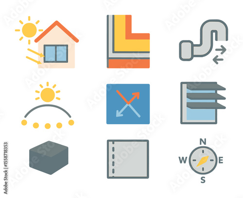 Passive House Icons. Flat icon set of passive house design: south-facing windows, thermal wall section,