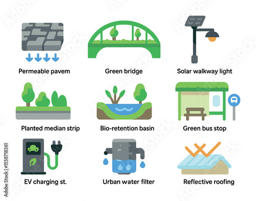 Eco-Friendly Icons Grid. Flat icon set of eco-friendly infrastructure: permeable pavement, green bridge, solar