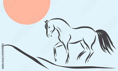Line Wild Horse Portrait. Lunar New Year Calendar Mascot Animal Art. Horse Outline Ink Silhouette Sketch Drawn. Hand Crafted China Zodiac Sign Contour. Greeting Gift Card Decoration Design.