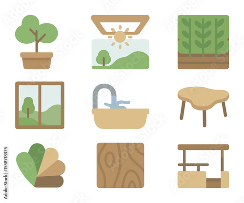 Biophilic Design Icons. Flat icon set of biophilic design: indoor tree planter, natural skylight, living green