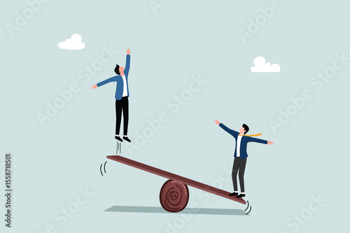Efforts to help partners achieve goals, assistance to find solutions, collaboration to achieve success, entrepreneur managers jumping on seesaws helping colleagues jump high to achieve targets