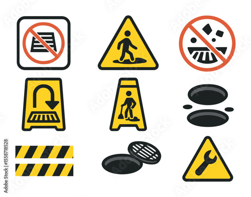 Safety Drain Icons. Flat icon set of safety and warning icons for drains: do not cover grate sign, wet floor