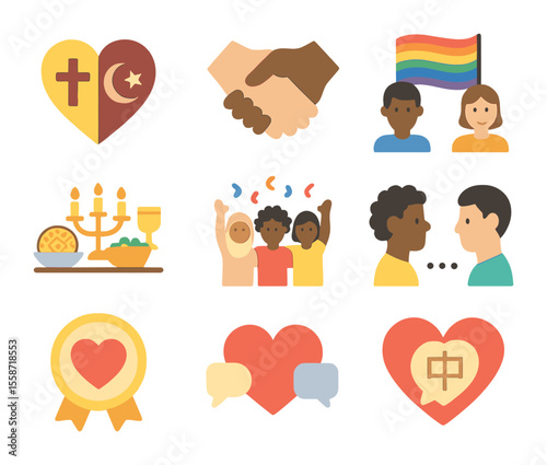 Diverse Relationship Icons. Flat icon set of mutual respect in diverse relationships: interfaith heart, mixed