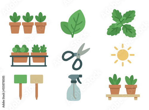 Balcony Herb Gardening Icons. Flat icon set of balcony herb gardening: herb pots, basil leaf, mint sprig,