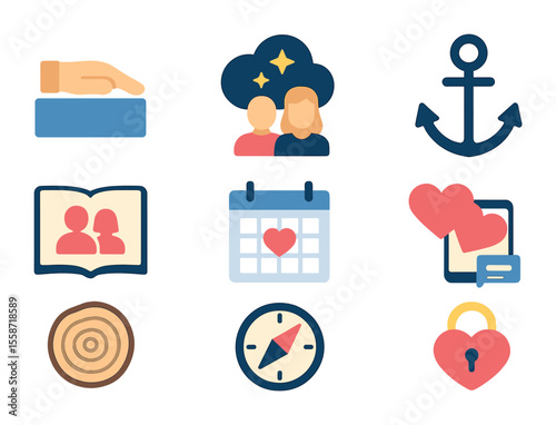 Sustainable Relationship Icons. Flat icon set of long-term relationship sustainability: trust foundation block
