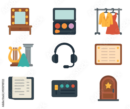 Opera Backstage Icons. Flat icon set of backstage at the opera: dressing room mirror, makeup kit, costume rack