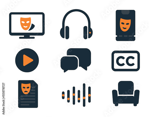 Digital Opera Icon Set. Flat icon set of digital opera experience: streaming screen, wireless headphones,