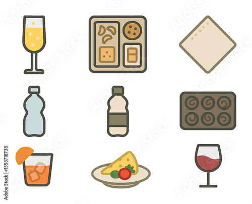 Opera Night Refreshments. Flat icon set of opera night refreshments: champagne flute, snack tray, cocktail