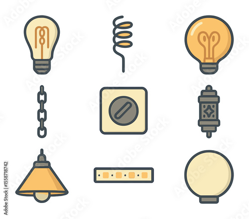Decorative Lighting Icons. Flat icon set of decorative lighting elements: Edison bulb, filament spiral, tinted