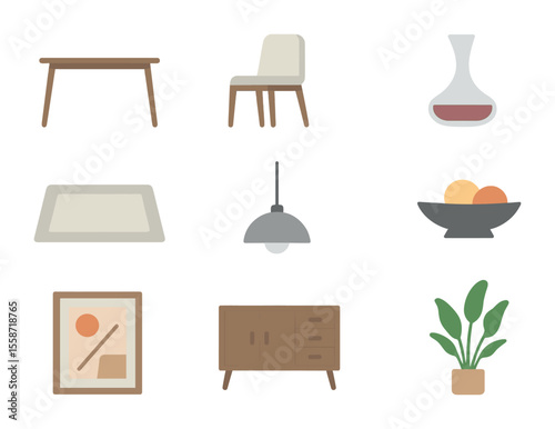 Modern Dining Room Icons. Flat icon set of modern dining room interiors: dining table, upholstered chair, rug