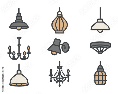 Interior Lighting Icon Set. Flat icon set of lighting styles in interior design: industrial lamp, boho lantern