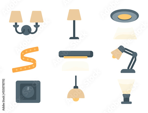 Ambient Lighting Icons. Flat icon set of ambient lighting design: wall sconces, floor lamp, recessed ceiling