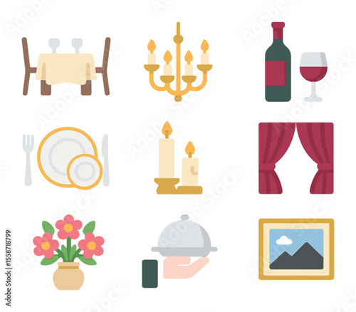 Formal Dinner Icons. Flat icon set of formal dinner atmosphere: dining table, lit chandelier, wine bottle,