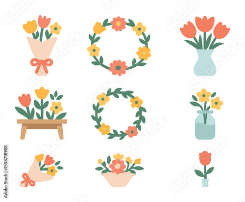 Spring Flower Icons. Flat icon set of spring flower arrangements: bouquet, flower crown, vase with tulips,