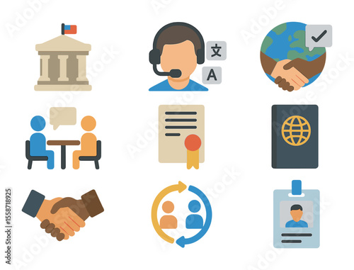 Diplomacy Icons Grid. Flat icon set of international diplomacy: embassy building, translator headset, global